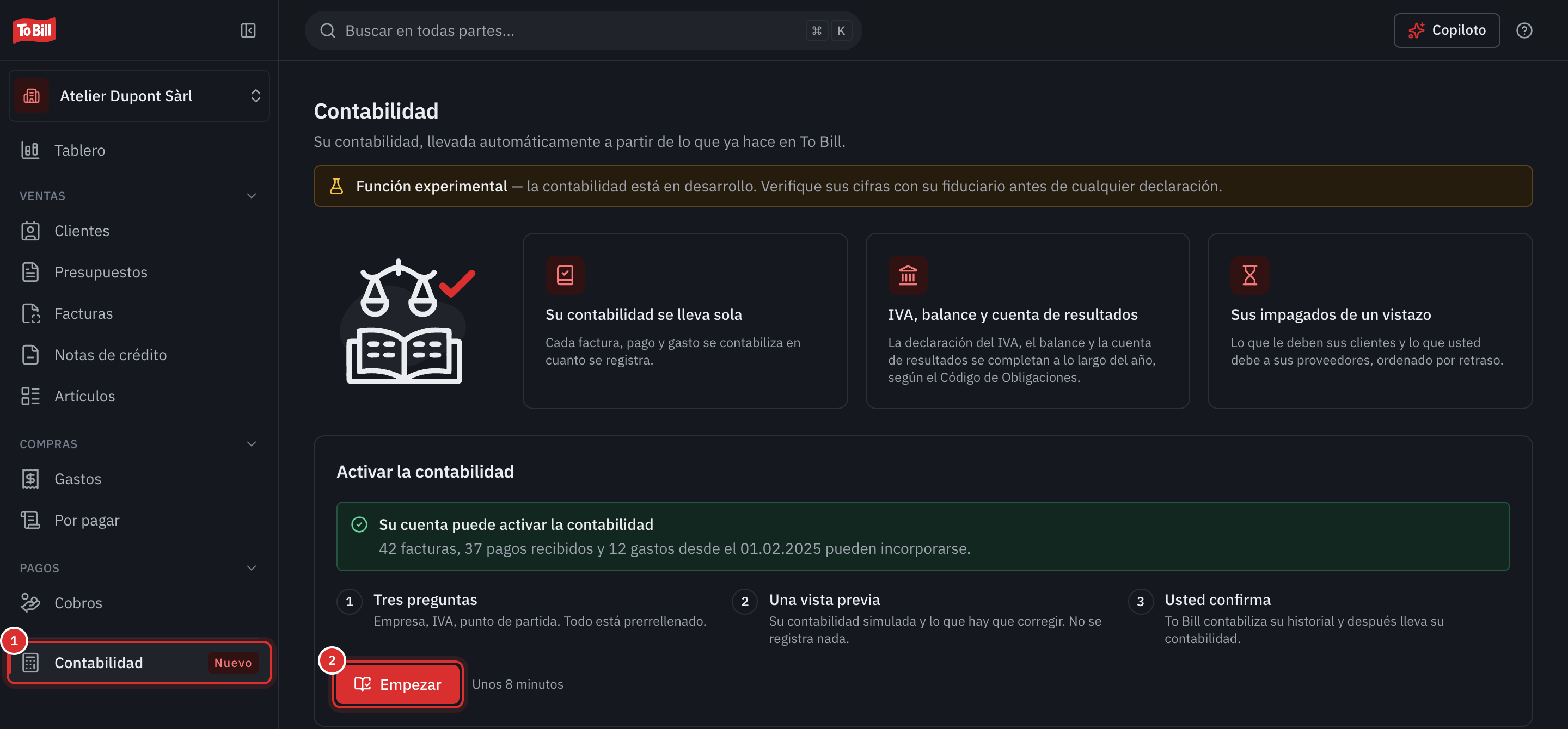La página Contabilidad antes de la activación: el menú Contabilidad marcado como Nuevo y el botón Empezar.