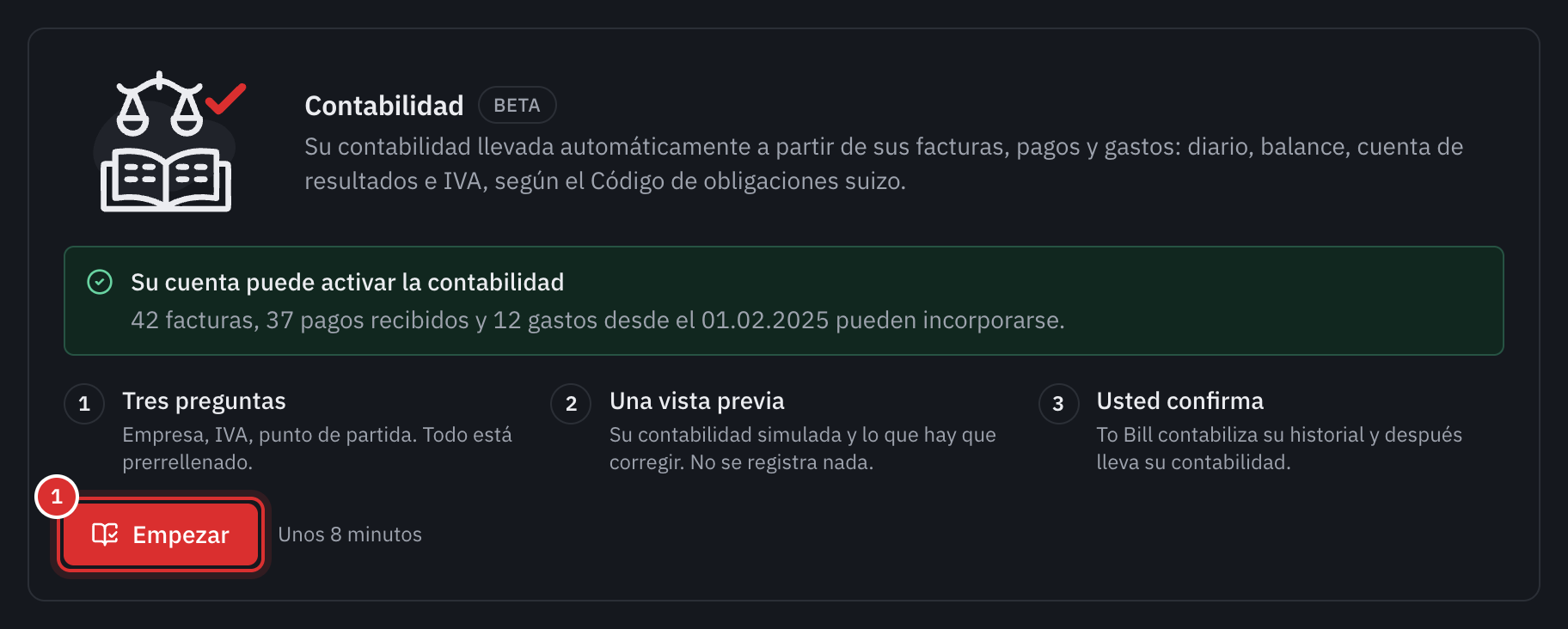 La tarjeta Contabilidad en Configuración, Módulos, con el botón Empezar.