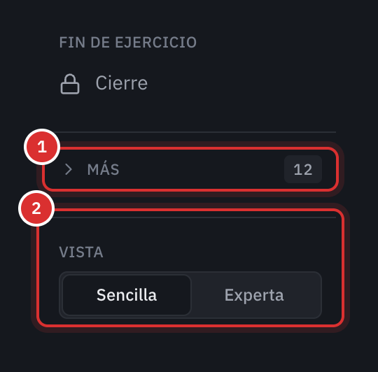 La parte inferior del menú de la contabilidad: el grupo Más plegado, con el número de justificantes que esperan en él, y la elección de la vista Simple o Experta.