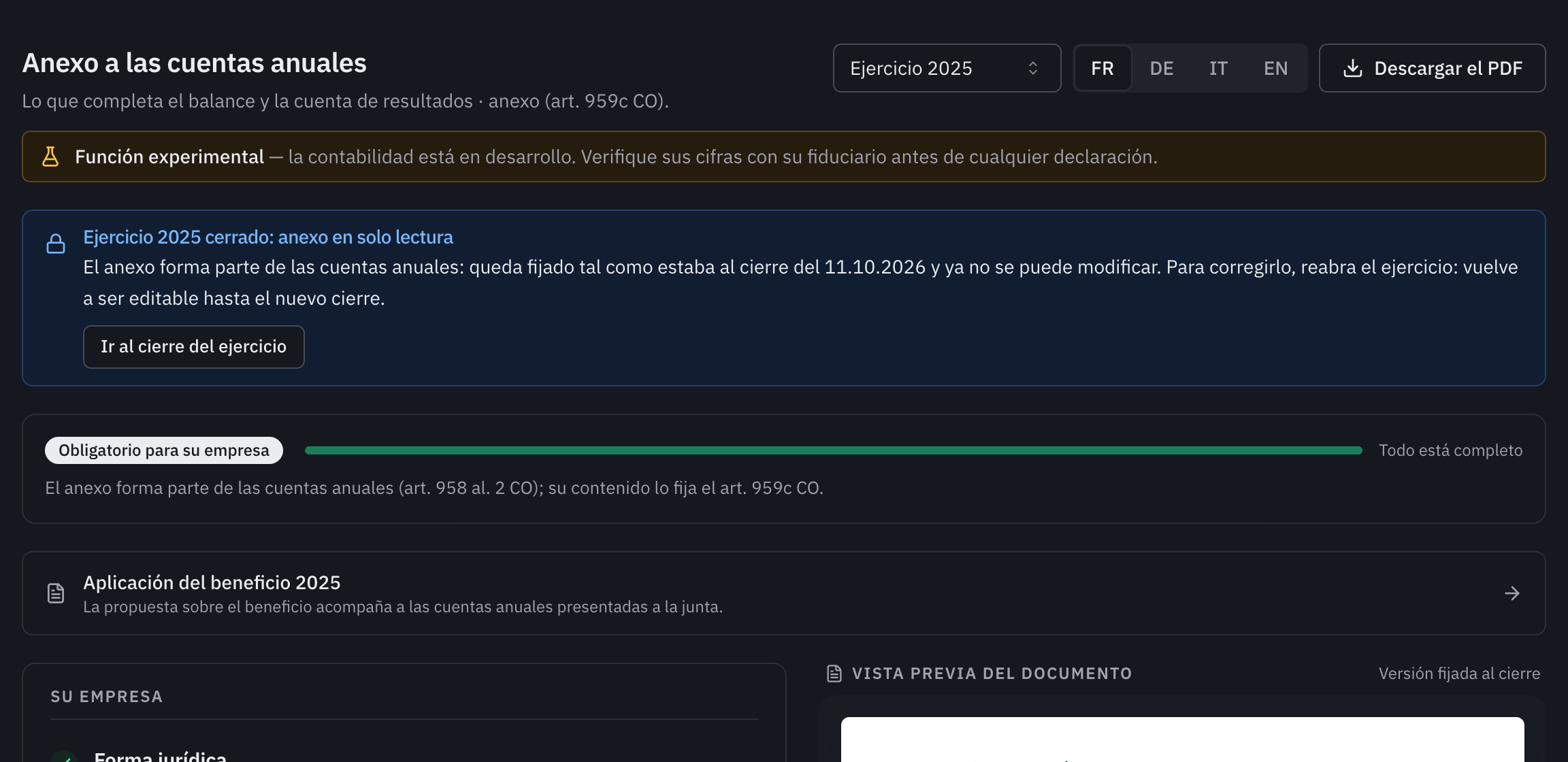 El anexo 2025 después del cierre: el mensaje de ejercicio 2025 cerrado y anexo en solo lectura, con el enlace Ir al cierre del ejercicio.