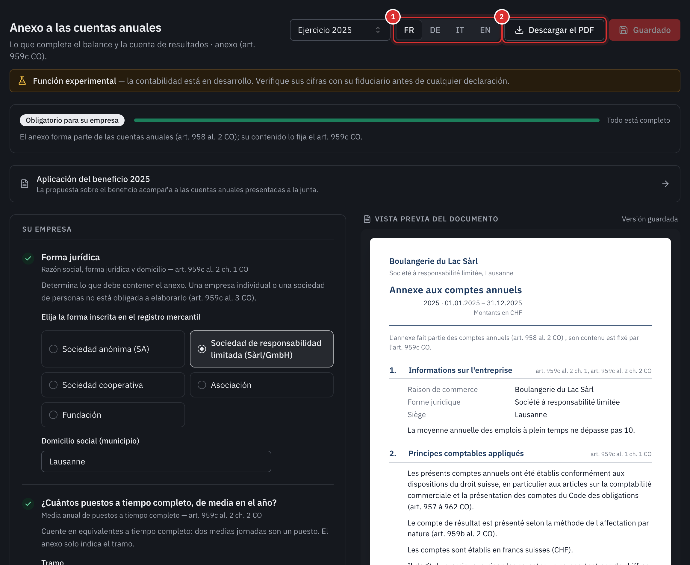 El anexo 2025: el idioma del documento, el botón Descargar el PDF, la barra de progreso completa, las preguntas sobre la empresa a la izquierda y la vista previa del documento a la derecha.