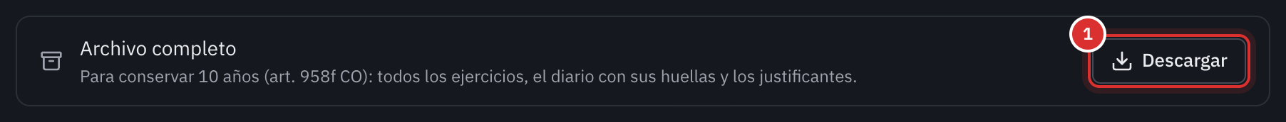 La línea Archivo completo de la página Exportaciones, para conservar durante diez años, con su botón Descargar.