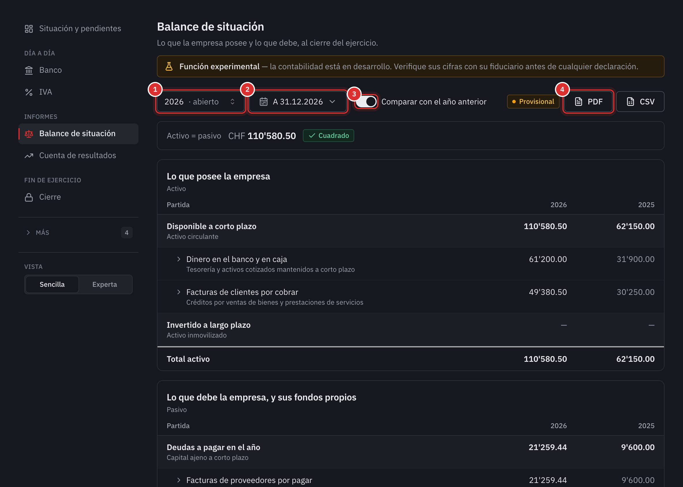 El balance de situación: el ejercicio, la fecha, la comparación con el año anterior activada, los botones PDF y CSV y, debajo, el activo de 2026 y de 2025.