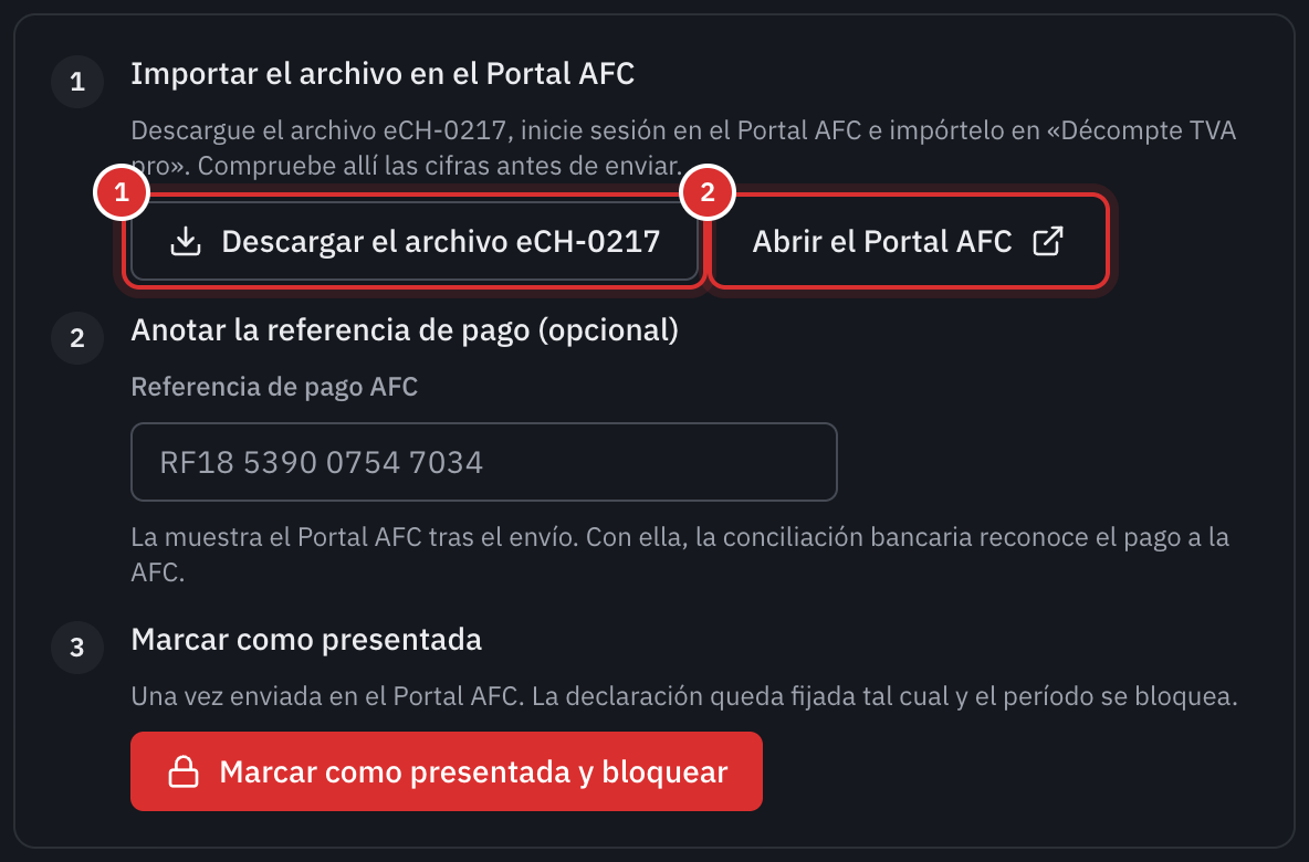 El paso Importar el archivo en el Portal AFC, con los botones Descargar el archivo eCH-0217 y Abrir el Portal AFC.