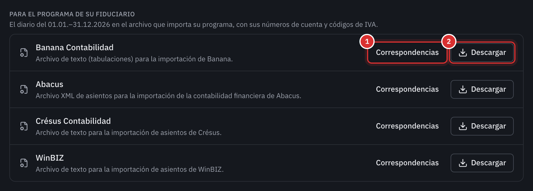 Los cuatro programas de fiduciario, cada uno con sus botones Correspondencias y Descargar.