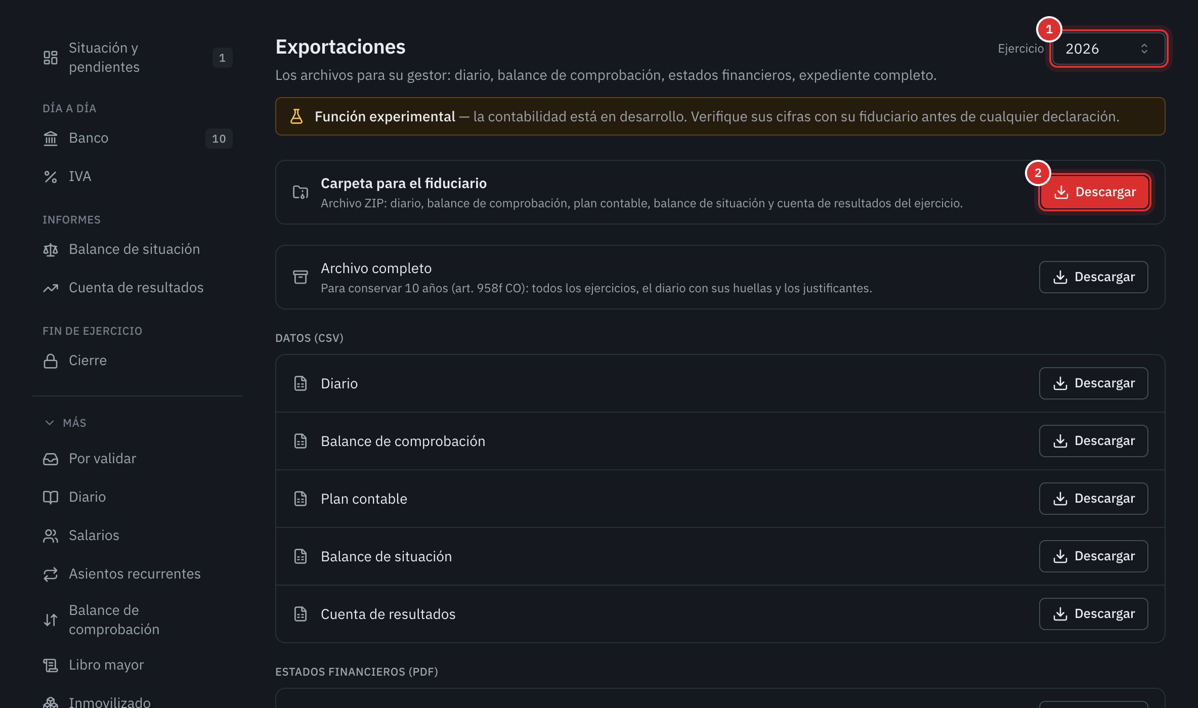 La página Exportaciones: la elección del ejercicio, la carpeta para el fiduciario, el archivo completo y los datos en CSV.