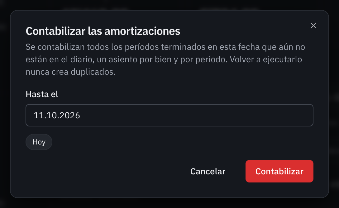 La ventana Contabilizar las amortizaciones, con la fecha Hasta y los atajos Hoy y Cierre.