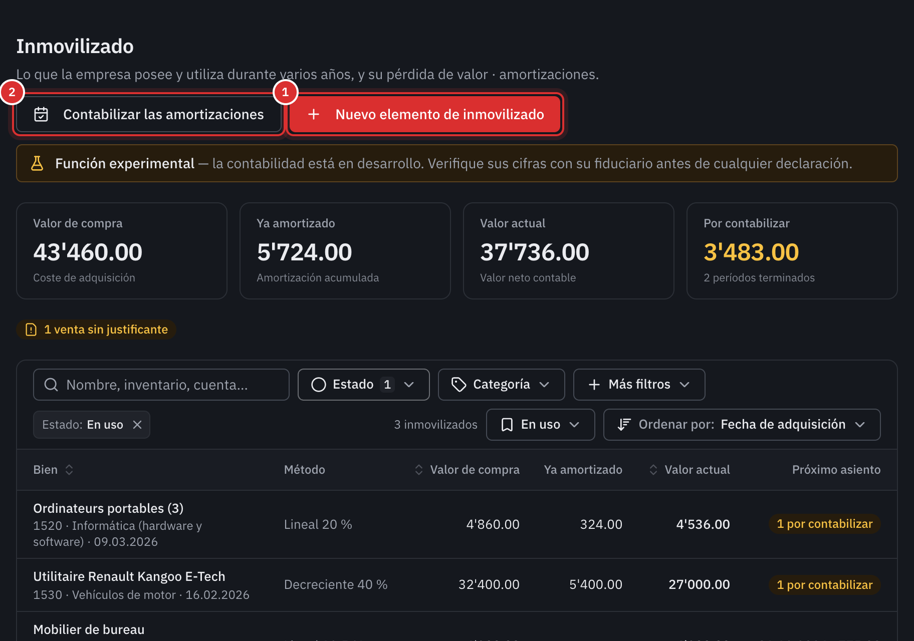 El registro del inmovilizado: las cuatro cifras, la barra de búsqueda y de filtros, y tres bienes en uso.