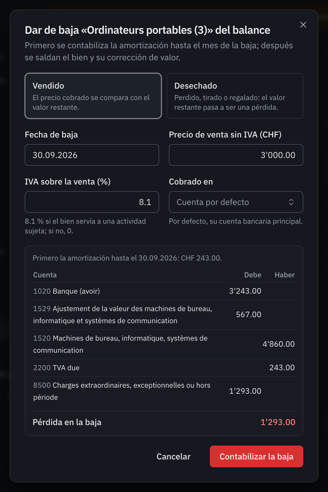 La ventana de baja de unos ordenadores vendidos por CHF 3'000 sin IVA: la amortización hasta la baja, el asiento propuesto y la pérdida en la baja.