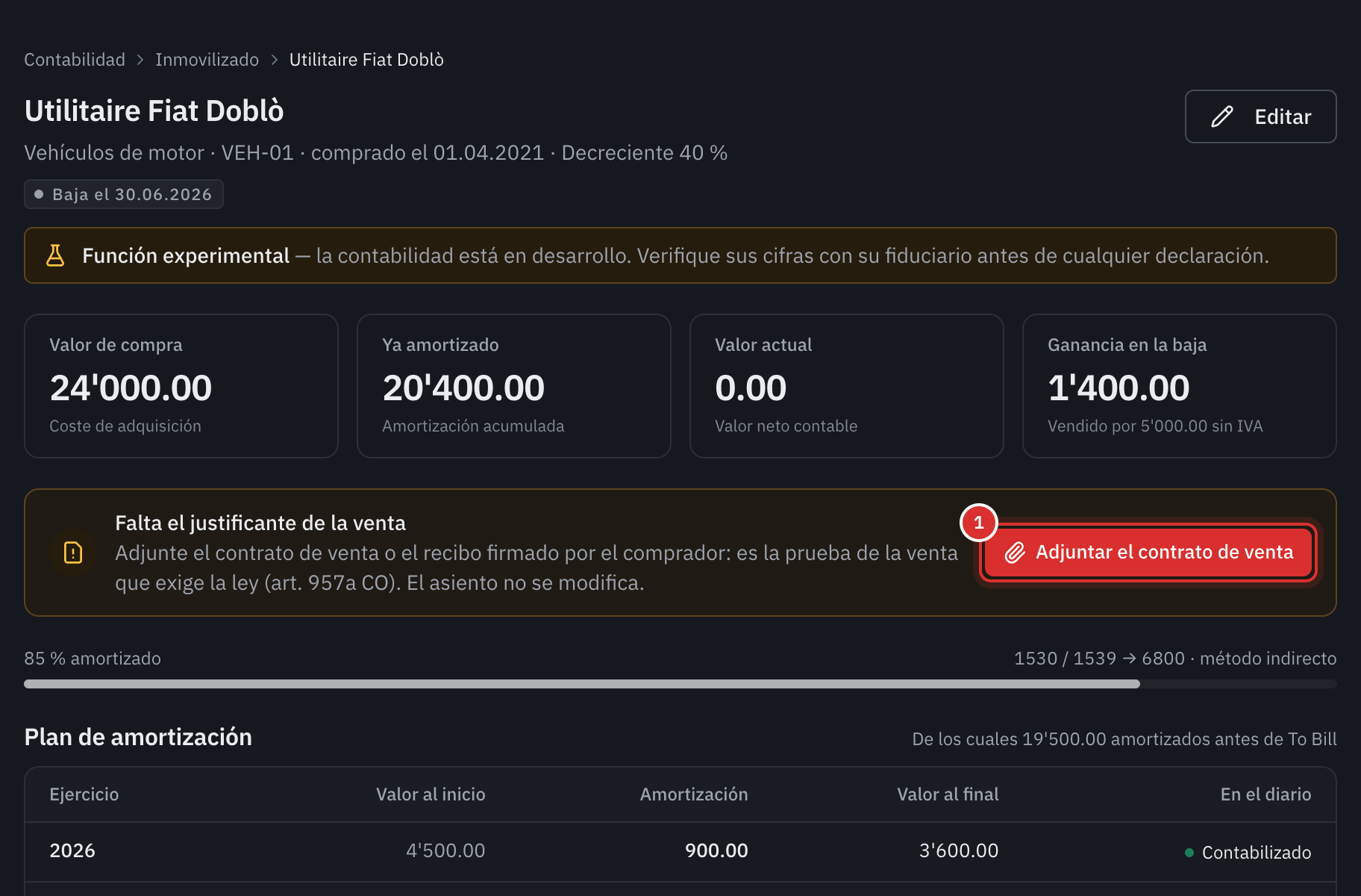 La ficha de una furgoneta vendida: la ganancia en la baja y la tarjeta Falta el justificante de la venta con el botón Adjuntar el contrato de venta.