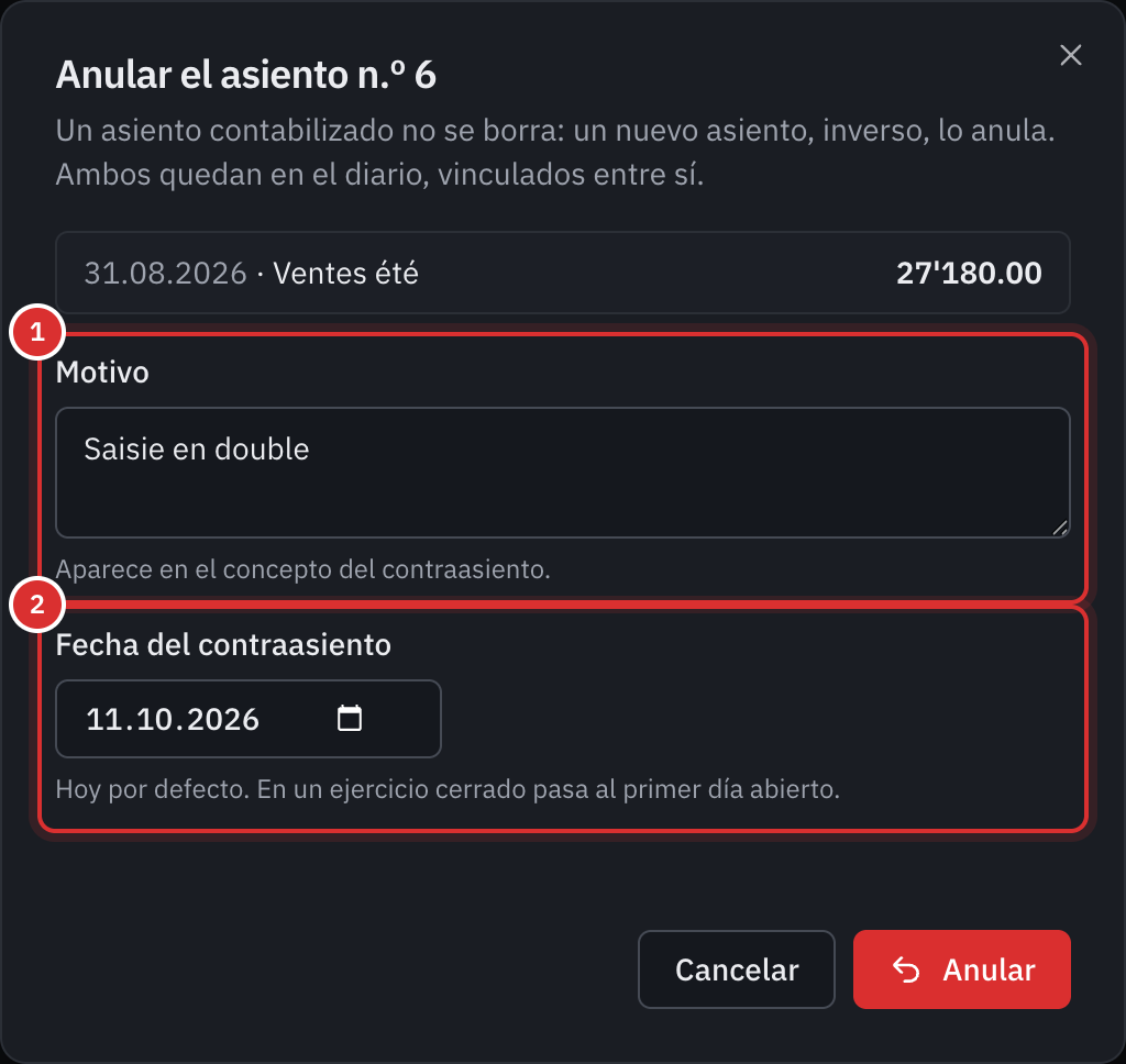 La ventana para anular el asiento n.º 6: el motivo Asiento duplicado y la fecha del contraasiento.