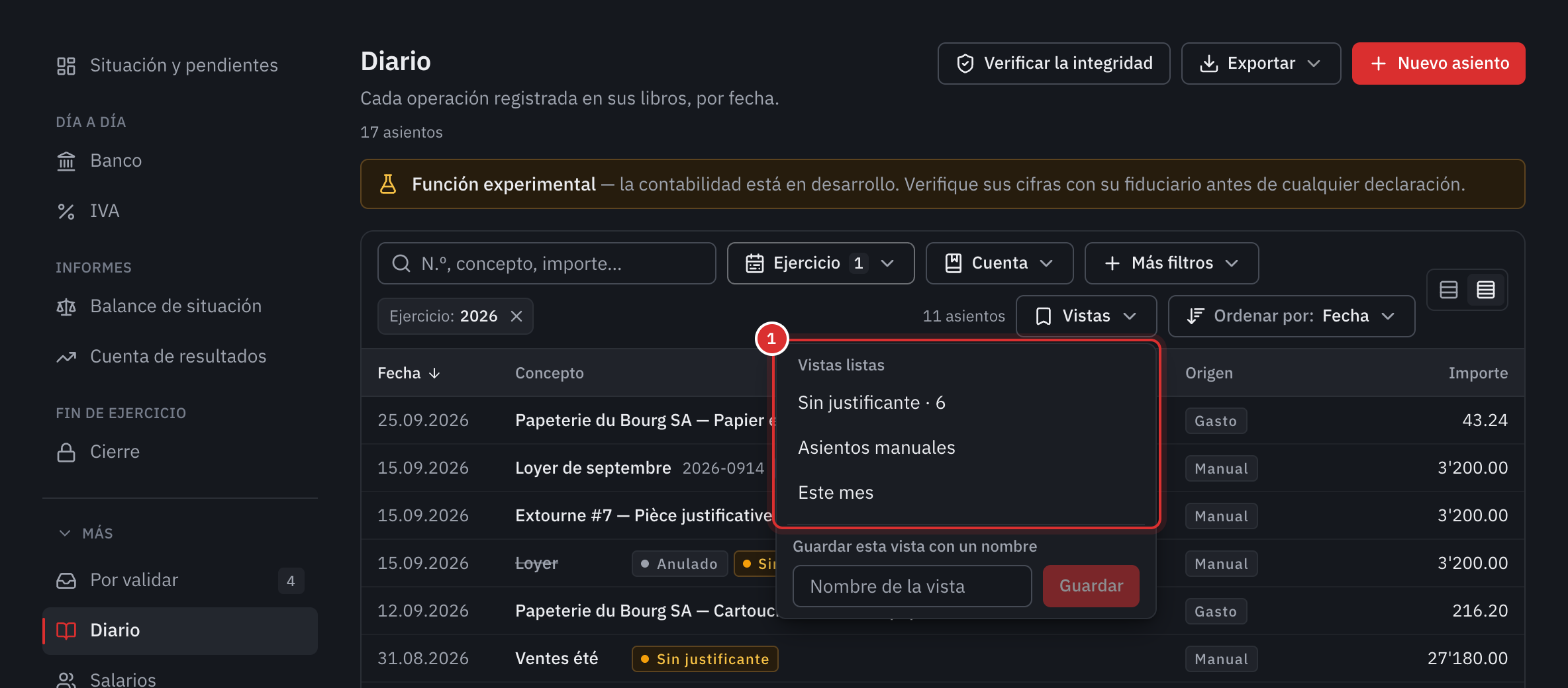 El menú Vistas del diario abierto: Sin justificante, seis asientos, y después Asientos manuales y Este mes.