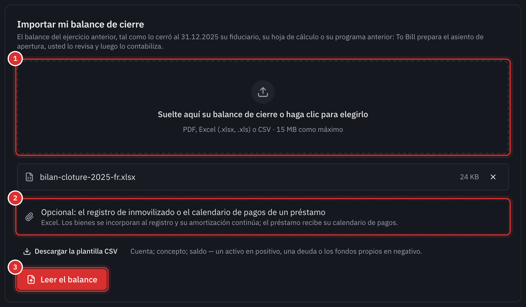 El recuadro Importar mi balance de cierre: el archivo del balance elegido, el recuadro opcional del registro de inmovilizado o del calendario de pagos del préstamo, y el botón Leer el balance.