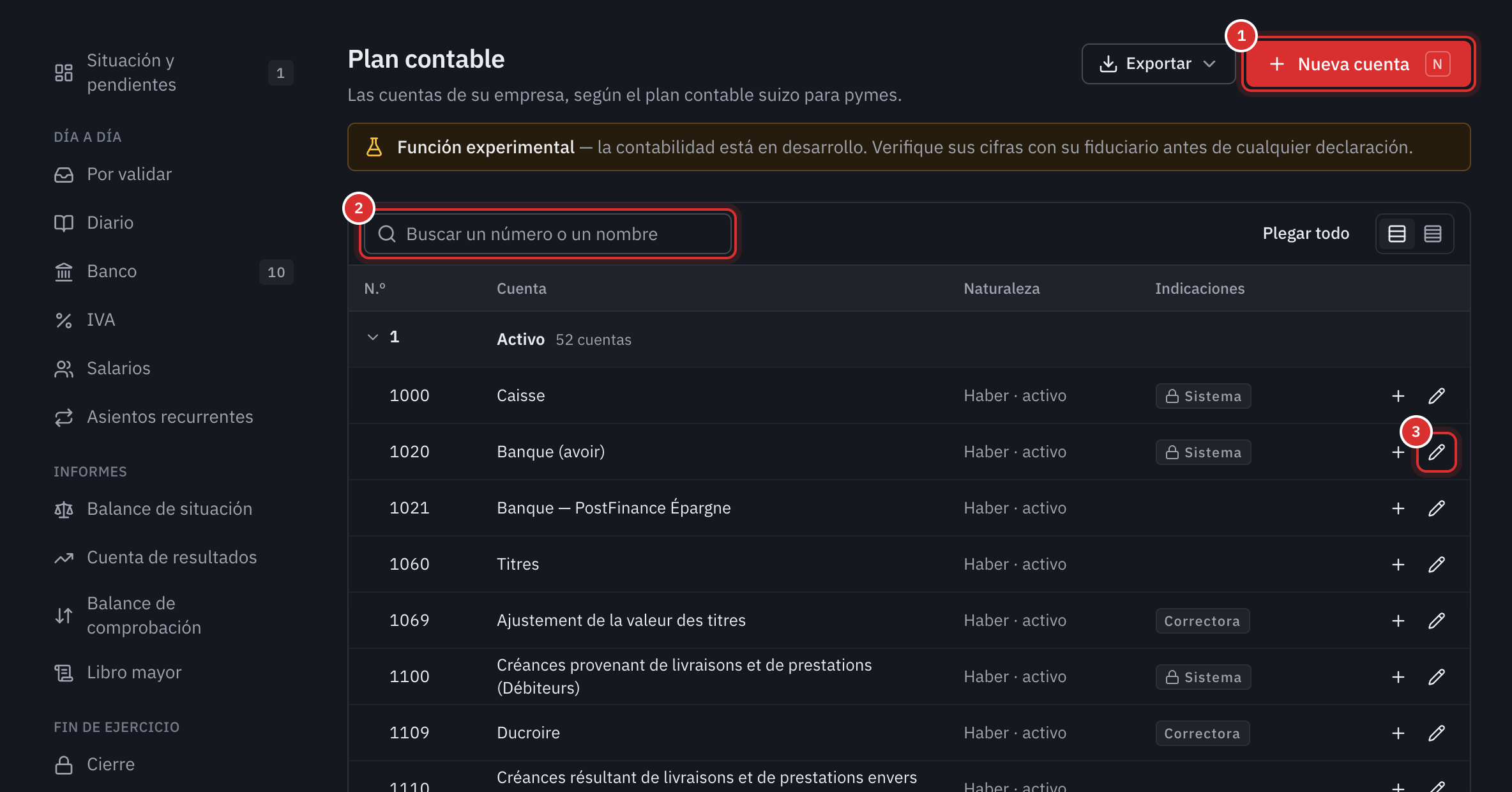 El plan contable: las cuentas de la clase 1 con su naturaleza y sus indicaciones, el botón Nueva cuenta y la búsqueda.