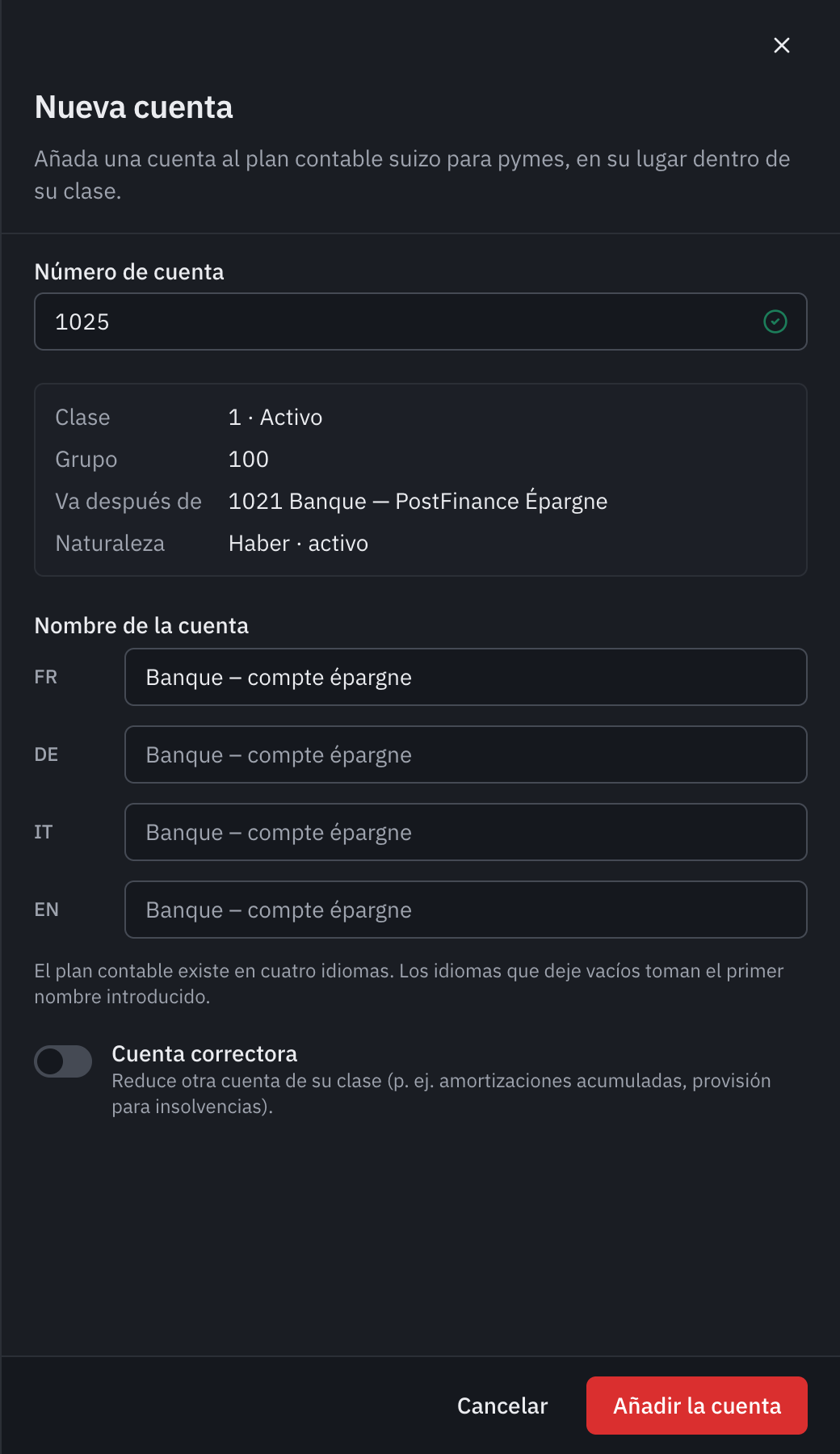 La ventana Nueva cuenta: el número 1025, su lugar después de 1020 Banco, y el nombre Banco – cuenta de ahorro.