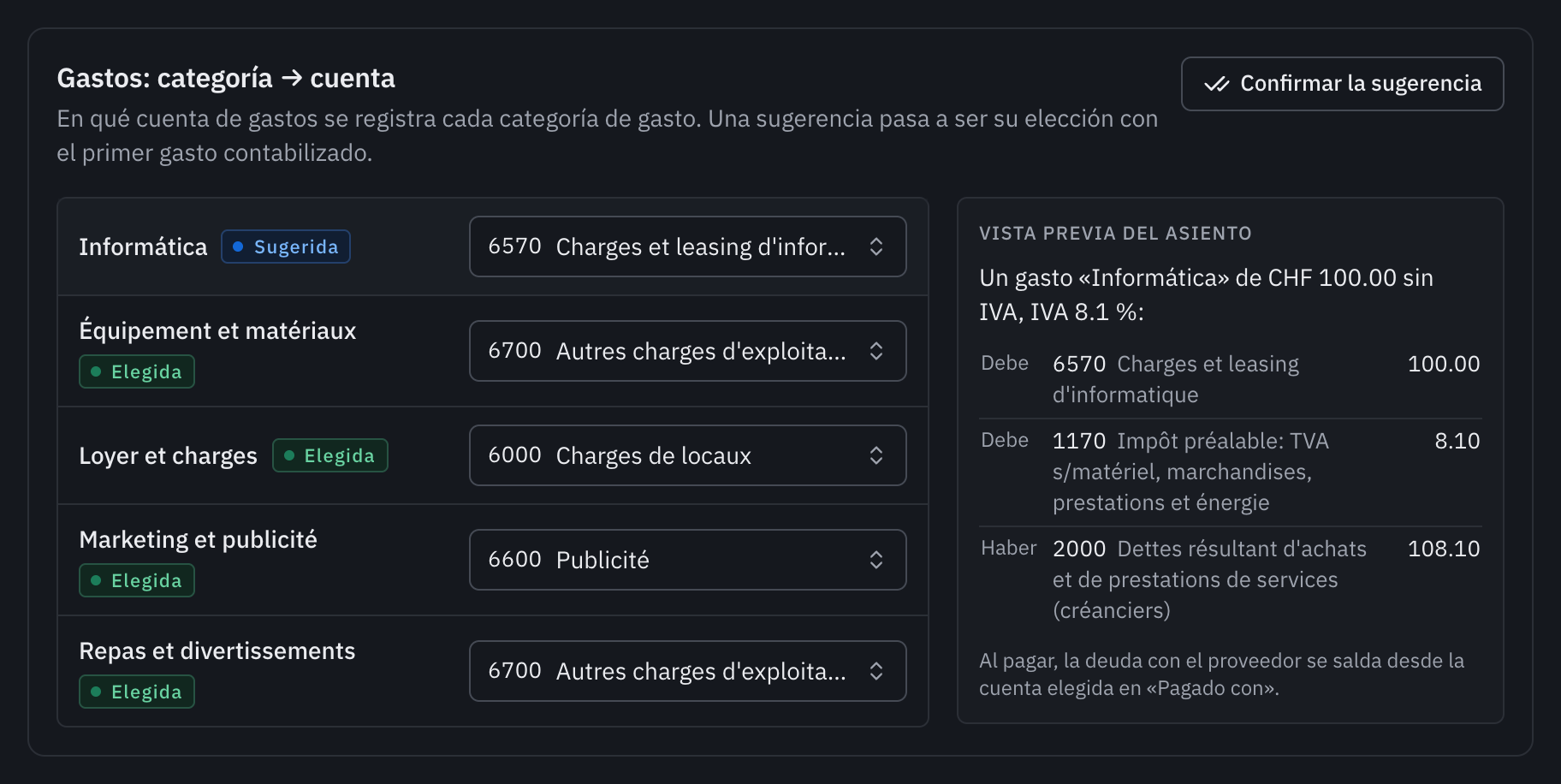La tarjeta Gastos: categoría → cuenta, con la categoría Informática sugerida en la cuenta 6570 y la vista previa del asiento.