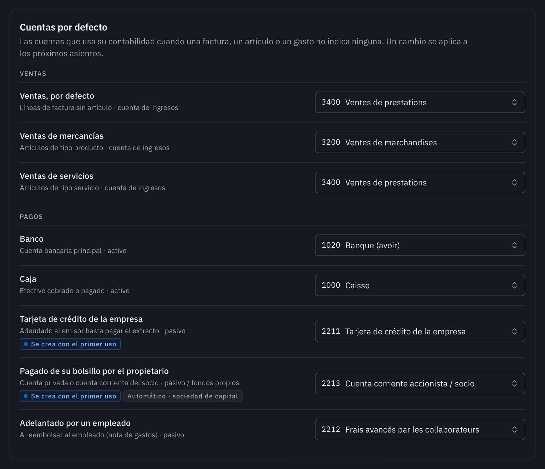 La tarjeta Cuentas por defecto: las cuentas de ventas y, después, las del banco, la caja, la tarjeta de crédito, el propietario y los empleados.