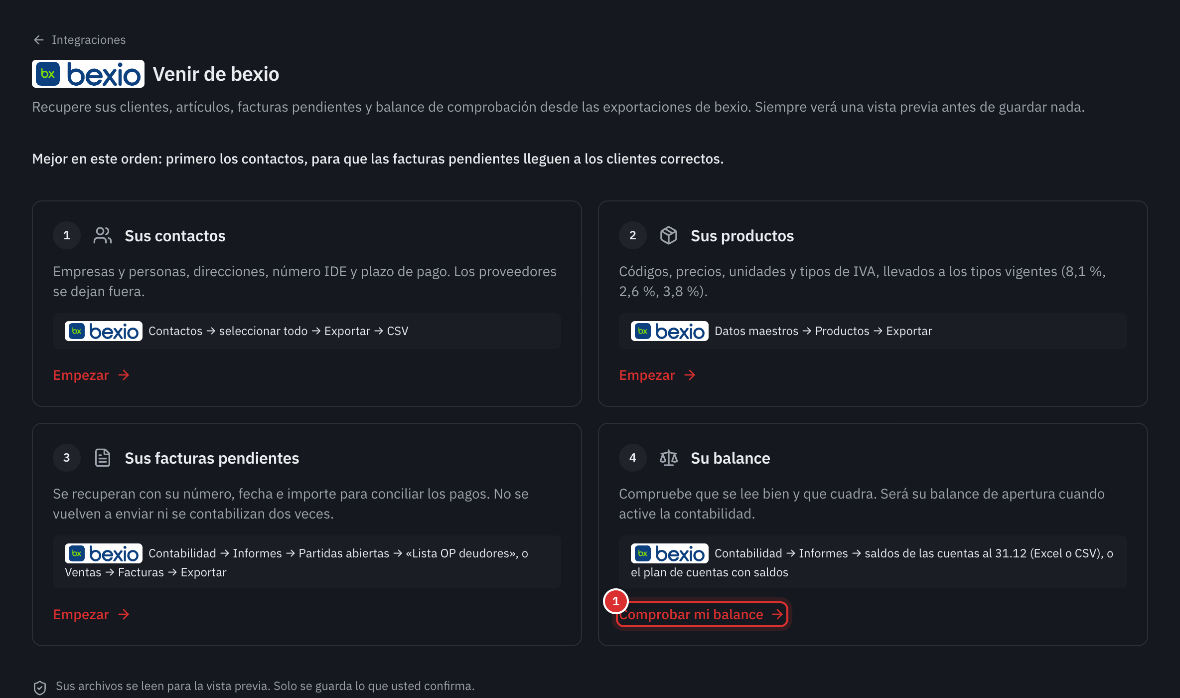 La página Venir de bexio: los contactos, los productos, las facturas abiertas y el balance, cada uno con su ruta de exportación en bexio.