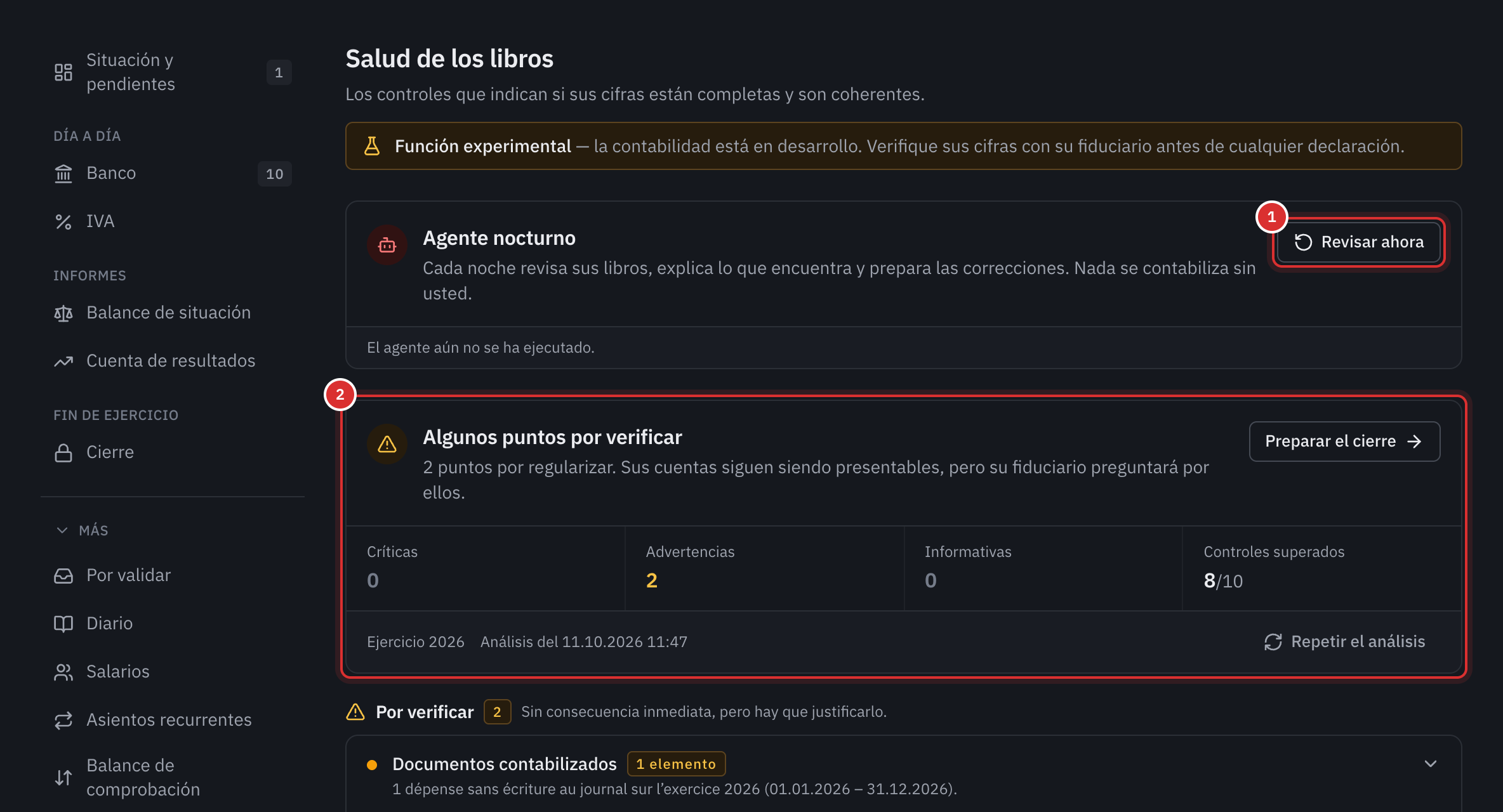 La página Salud de los libros: el agente nocturno con Revisar ahora y, debajo, el diagnóstico Algunos puntos por verificar con sus contadores.