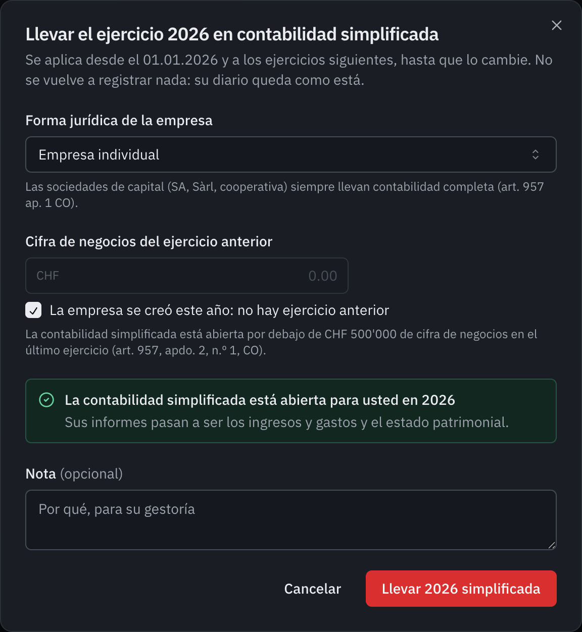 La ventana Llevar el ejercicio 2026 en contabilidad simplificada: empresa individual creada este año, y el mensaje La contabilidad simplificada está abierta para usted en 2026.