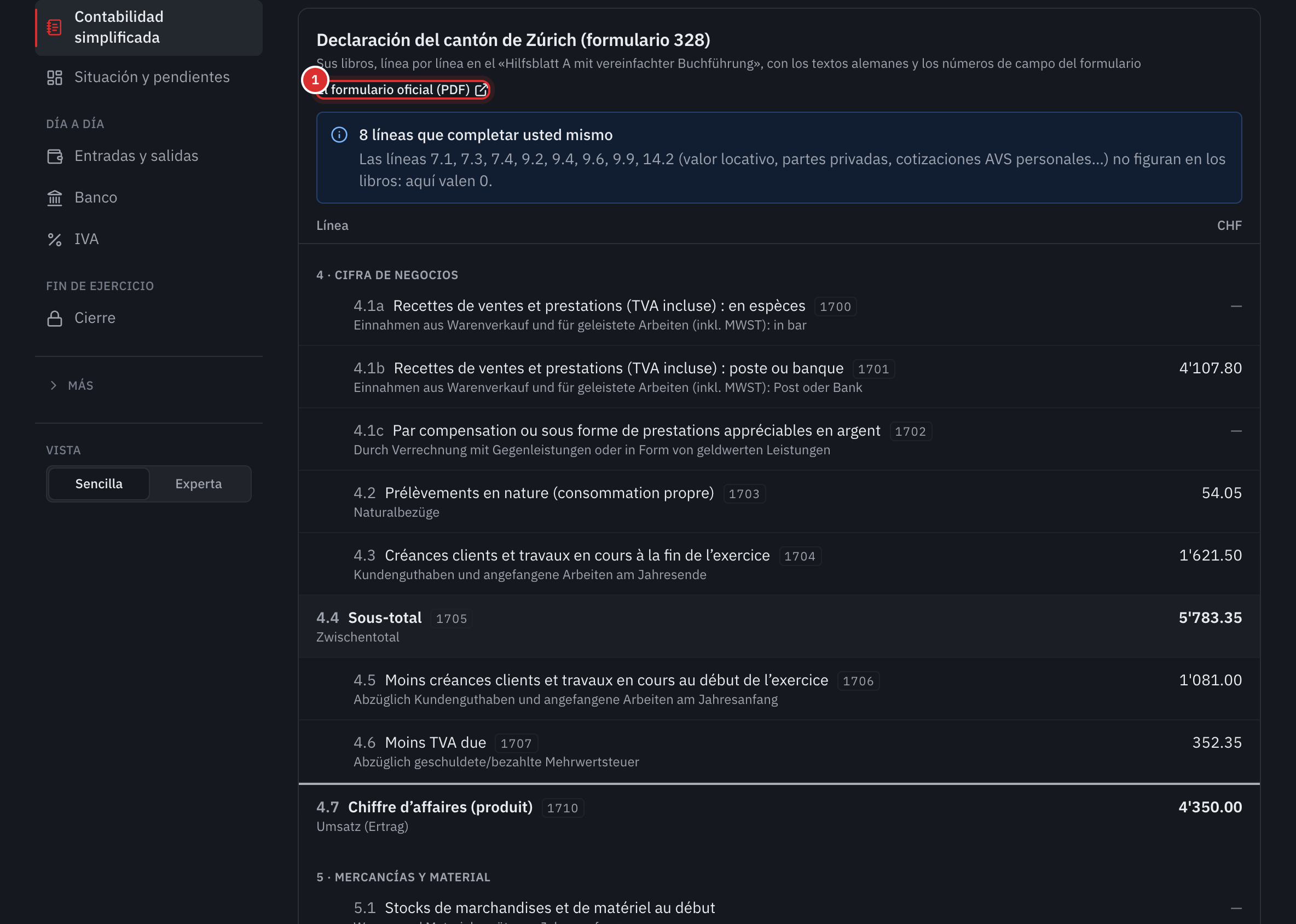 La vista Declaración ZH 328: el enlace al formulario oficial, las líneas que debe completar usted mismo y las líneas de la cifra de negocios.