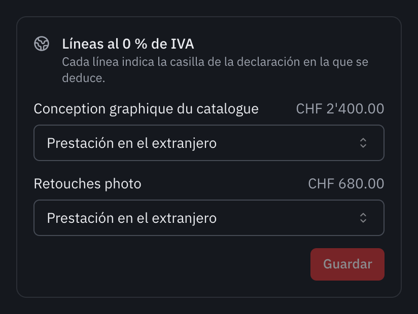 El recuadro Líneas al 0 % de IVA de una factura a un cliente en Alemania: las dos líneas clasificadas como Prestación en el extranjero.