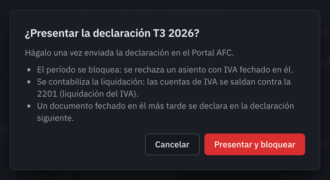 La ventana ¿Presentar la declaración T3 2026?: el período se bloquea, la liquidación se contabiliza y un documento tardío pasa a la declaración siguiente.