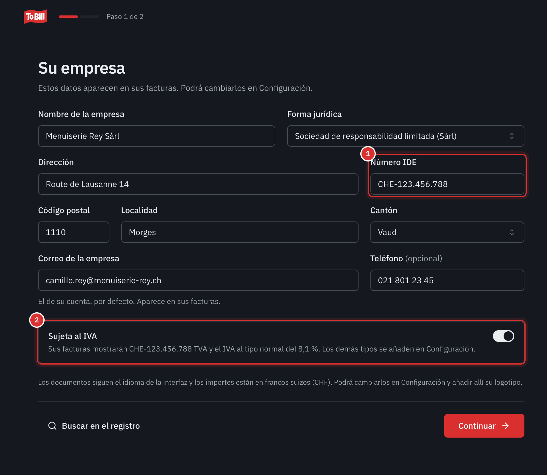 La pantalla Su empresa rellenada a mano: nombre, forma jurídica Sàrl, dirección, número IDE, código postal, localidad, cantón de Vaud, correo electrónico, teléfono y el interruptor Sujeta al IVA activado.