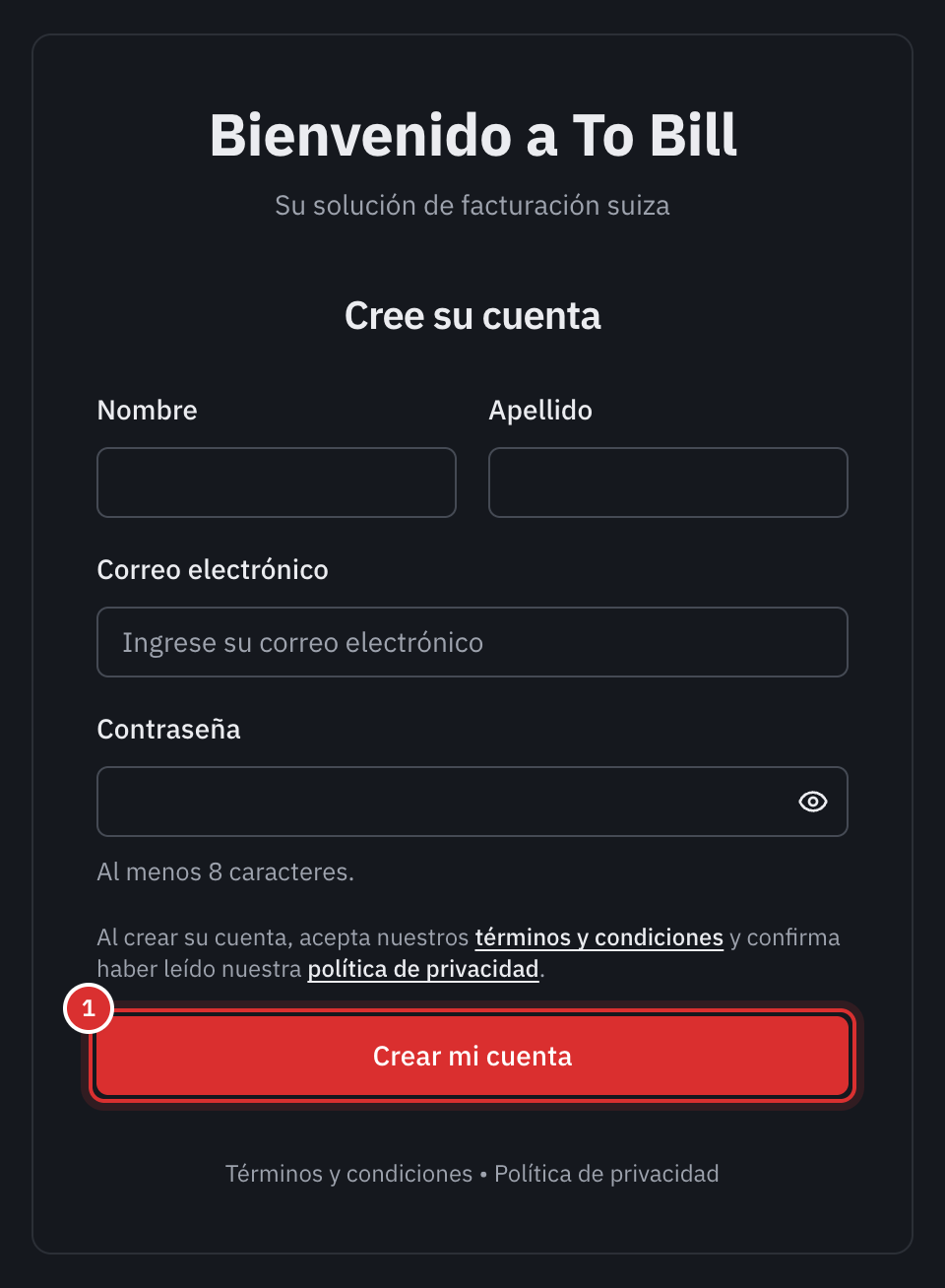 El formulario Cree su cuenta: nombre, apellido, correo electrónico, contraseña, la frase sobre las condiciones generales y el botón Crear mi cuenta.