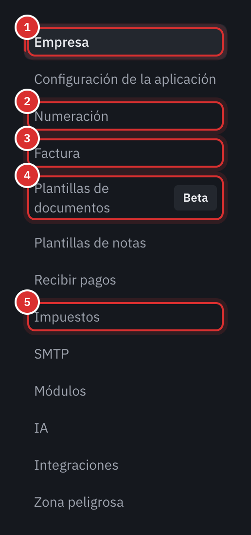 El menú de la configuración, con Empresa, Numeración, Factura, Plantillas de documentos e Impuestos enmarcados.