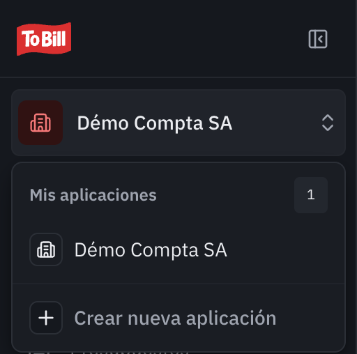El selector de empresa abierto: Mis aplicaciones, la empresa actual y Crear nueva aplicación.
