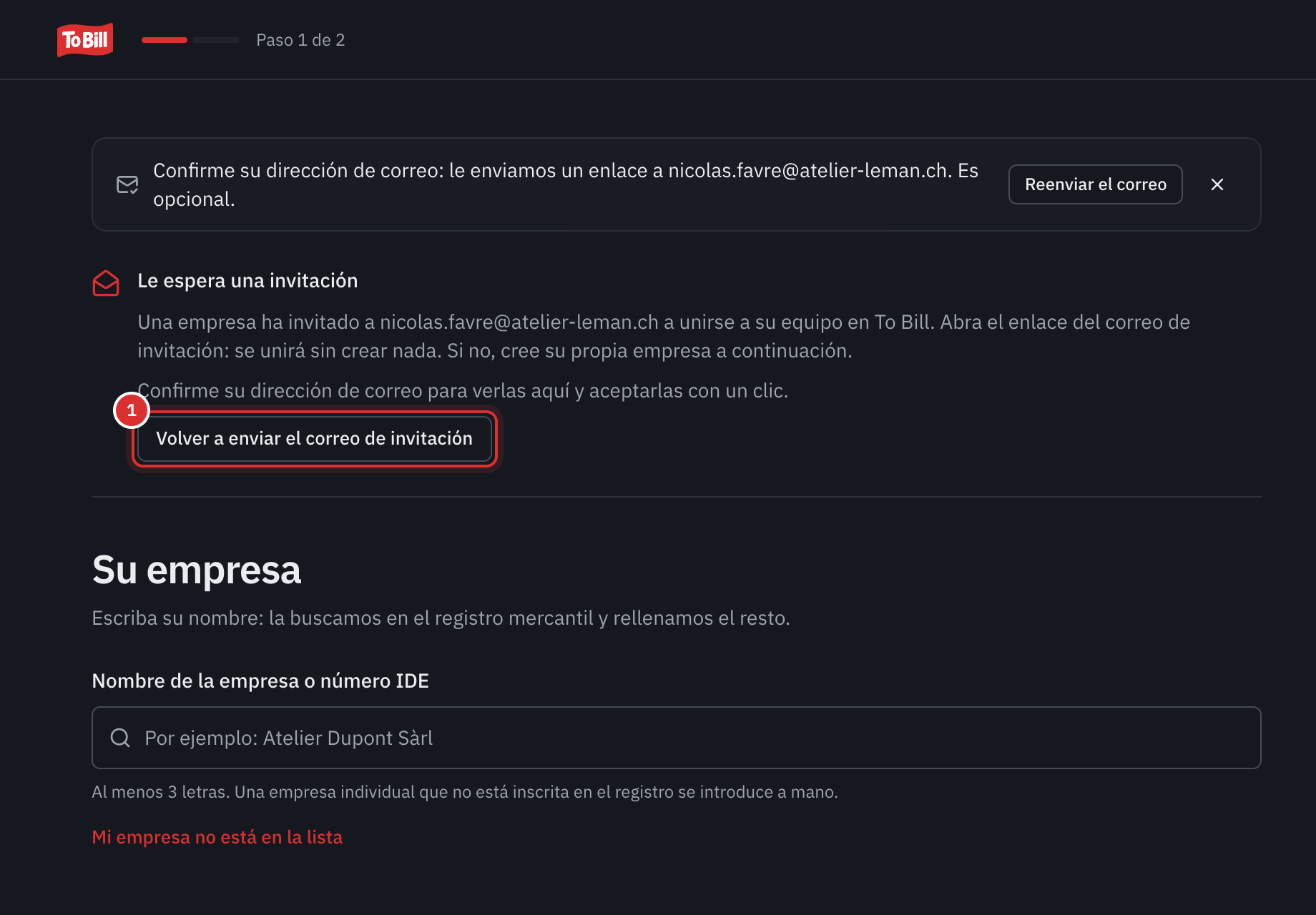 La pantalla Su empresa de una cuenta recién creada: el aviso Confirme su dirección de correo y, después, Le espera una invitación, con la frase sobre la confirmación de la dirección y el botón Volver a enviar el correo de invitación.