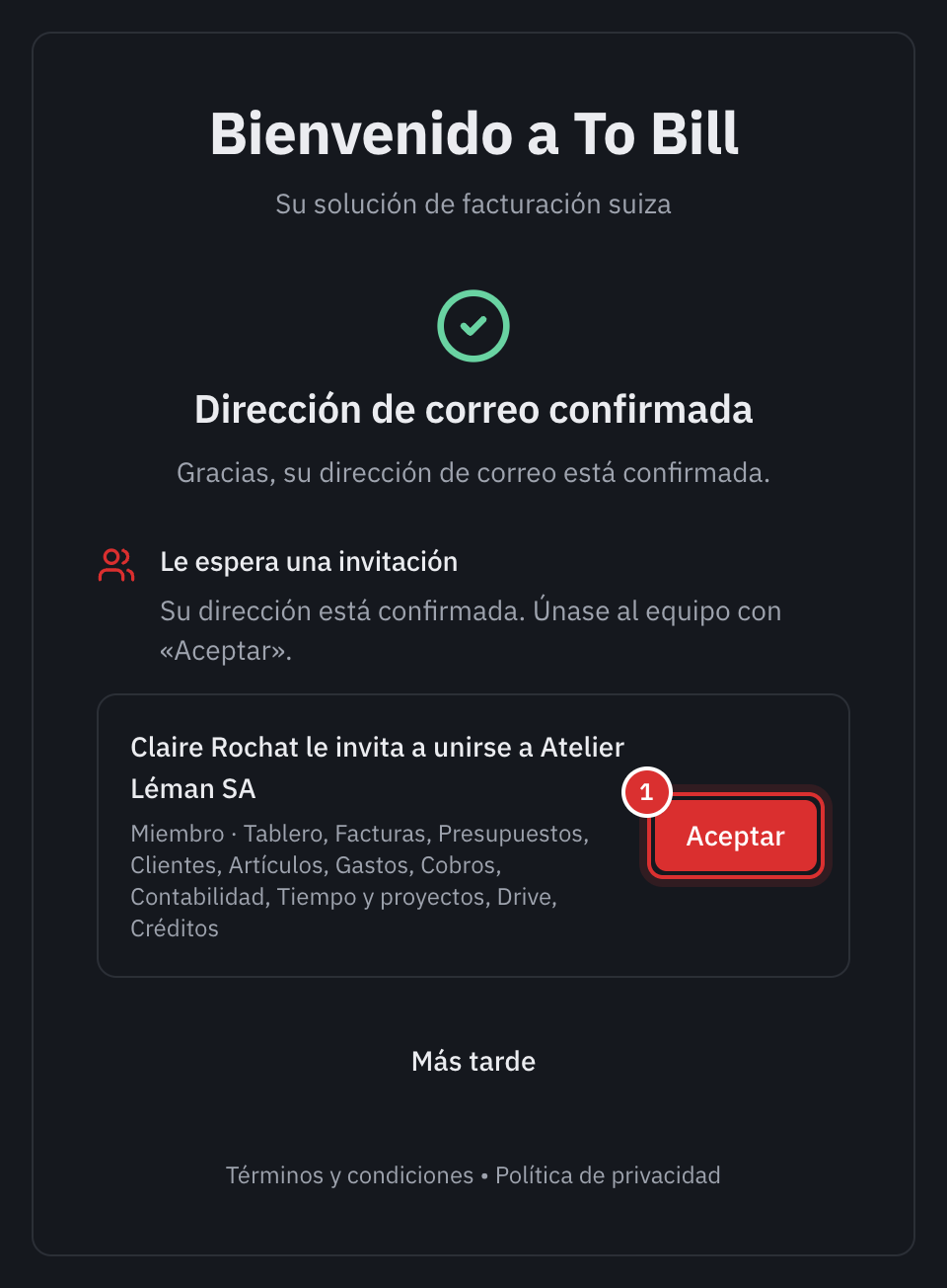 La página Dirección de correo confirmada: Le espera una invitación, Claire Rochat le invita a unirse a Atelier Léman SA, el rol Miembro y sus ámbitos, el botón Aceptar y, debajo, Más tarde.