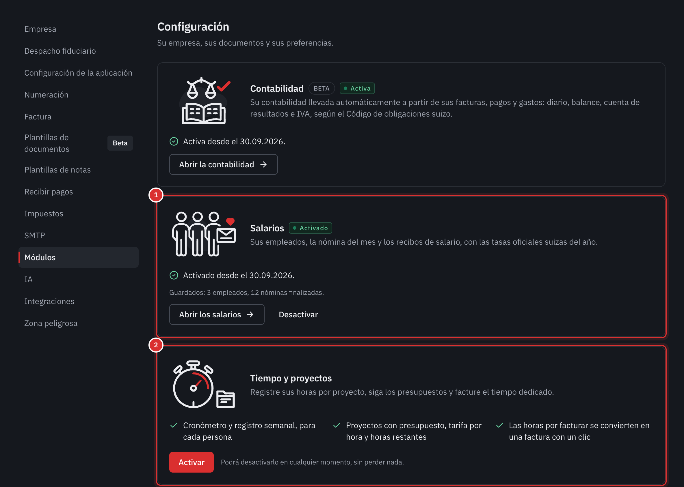 La pestaña Módulos: la contabilidad y los salarios activados, con Abrir y Desactivar, y Tiempo y proyectos con el botón Activar.