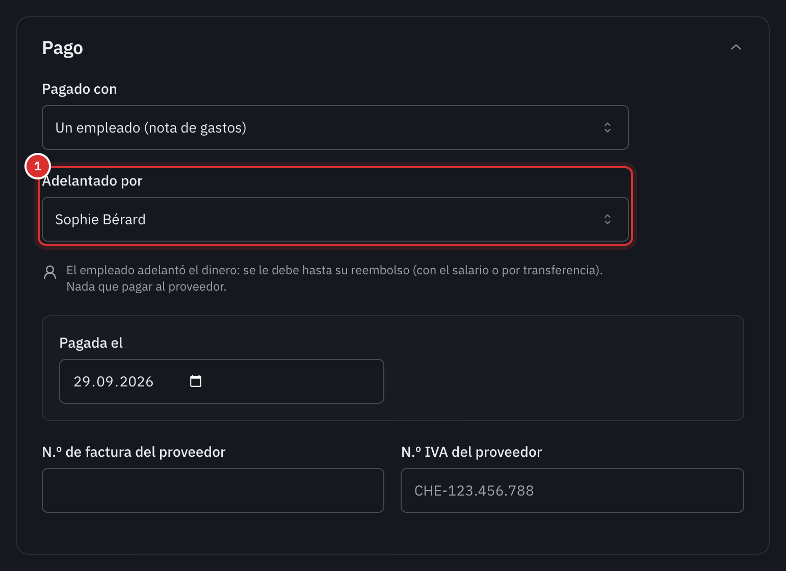 El pago de un gasto pagado por Un empleado (nota de gastos), con el campo Adelantado por: Sophie Bérard.