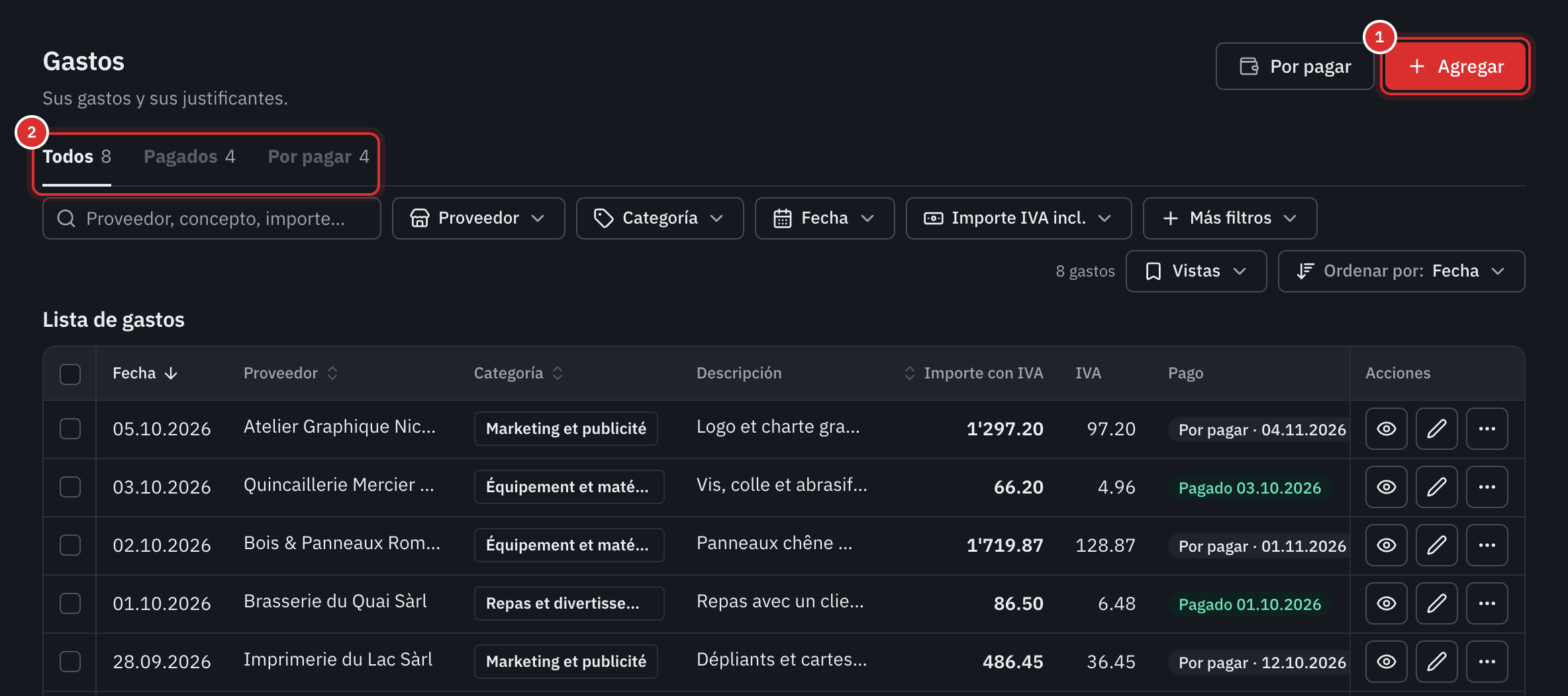 La lista de gastos: el botón Agregar, las pestañas Todos, Pagados y Por pagar, y la tabla con el proveedor, la categoría, el importe con IVA, el IVA y el pago.