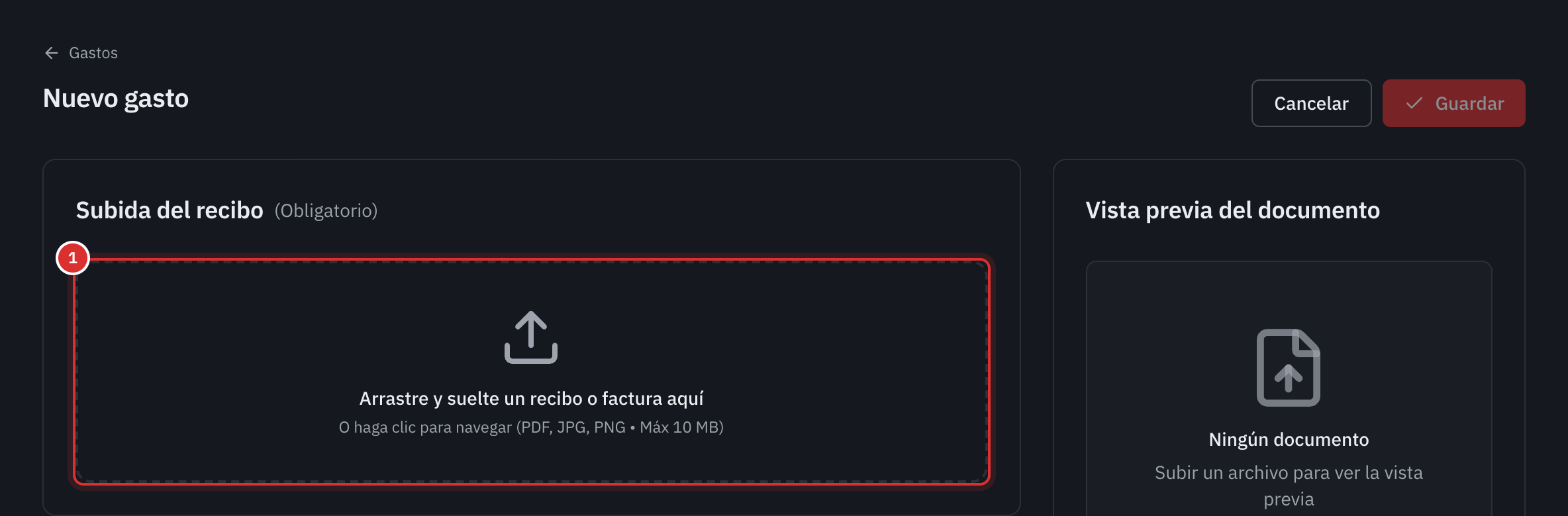 La página Nuevo gasto: el recuadro Subida del recibo, marcado como Obligatorio, y la vista previa del documento a la derecha.