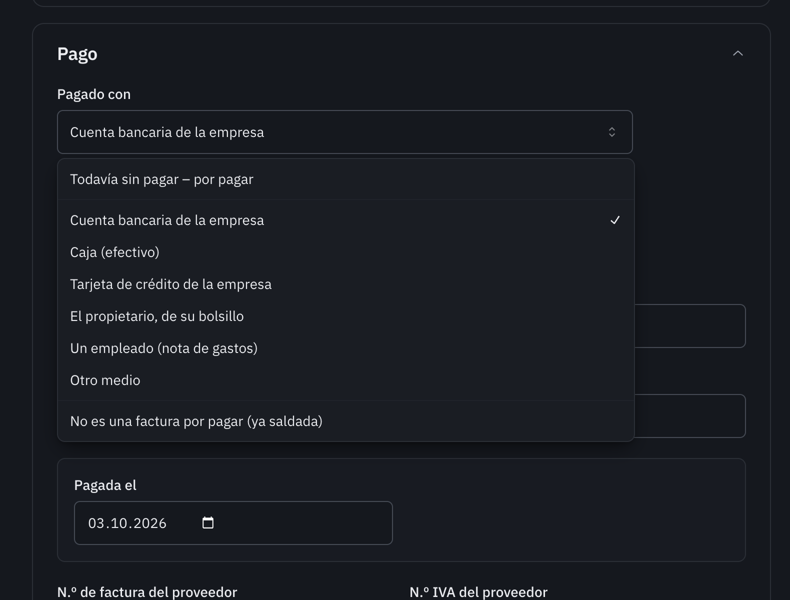 La lista Pagado con abierta: Todavía sin pagar – por pagar, Cuenta bancaria de la empresa, Caja, Tarjeta de crédito de la empresa, El propietario, Un empleado, Otro medio y No es una factura por pagar.