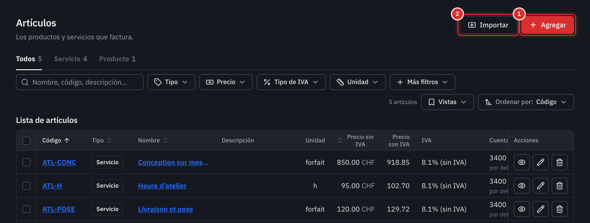 La lista de artículos con su código, su tipo, su precio sin IVA y con IVA, su IVA y su cuenta de ventas.
