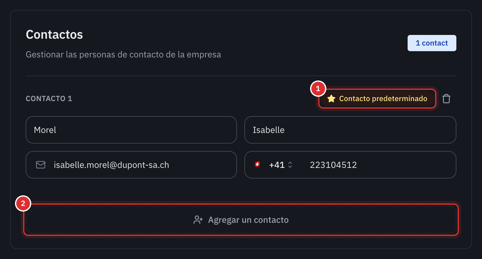 La sección Contactos de la ficha de una empresa, con un contacto predeterminado y el botón Agregar un contacto.