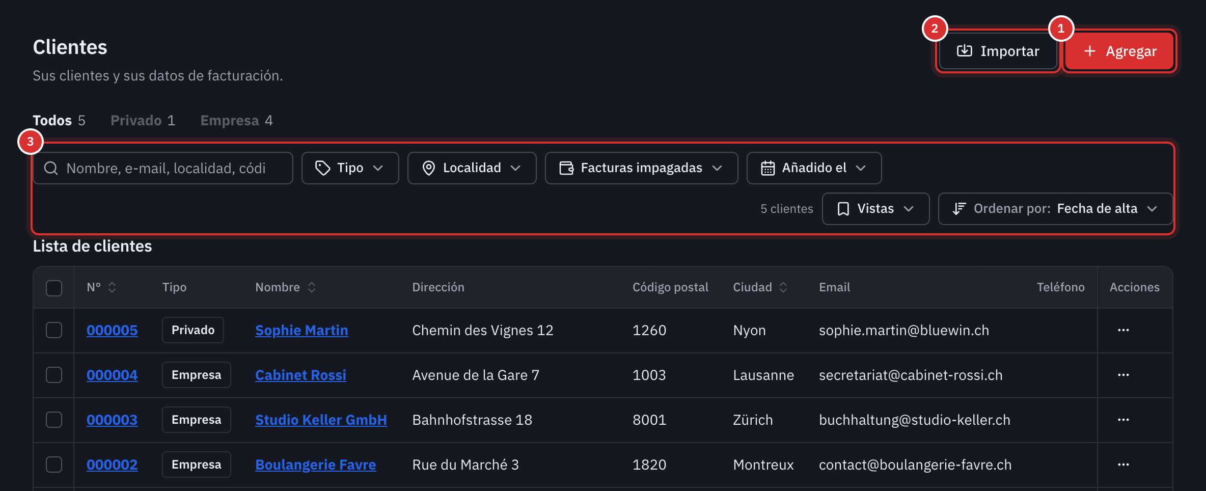 La lista de clientes: los botones Agregar e Importar, las pestañas Todos, Privado y Empresa, la barra de búsqueda y de filtros y, debajo, la tabla.
