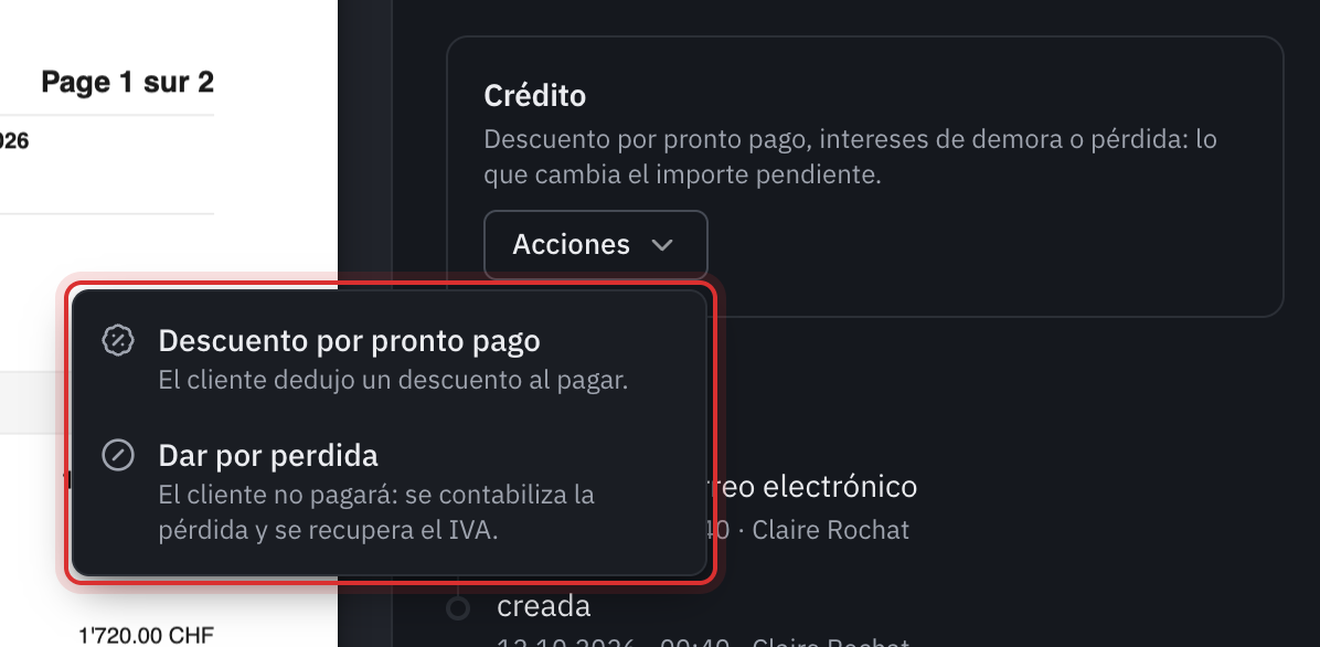 El panel Crédito de una factura con el menú Acciones abierto: Descuento por pronto pago y Dar por perdida.