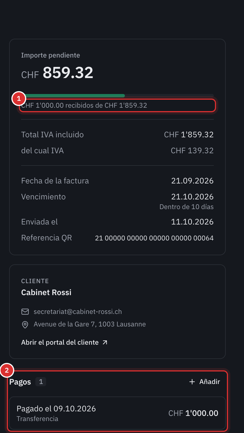 El resumen de una factura parcialmente pagada: el importe pendiente, la barra de progreso de 1’000 CHF recibidos sobre 1’859.32 CHF y la sección Pagos con la transferencia recibida.