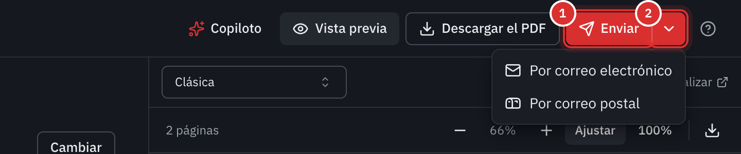 La parte superior del editor de una factura: el botón Enviar y su flecha abierta, con Por correo electrónico y Por correo postal.