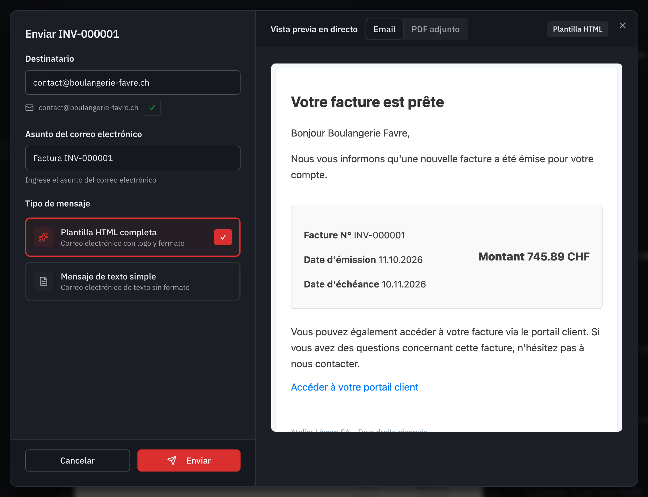 La ventana de envío: el destinatario, los otros contactos, el asunto, el tipo de mensaje y la vista previa del correo electrónico con el enlace al portal del cliente.