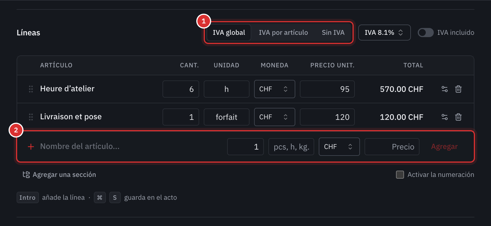 La parte Líneas con la elección IVA global, IVA por artículo o Sin IVA, dos líneas, la línea para añadir y el recordatorio de las teclas Intro y ⌘ S.