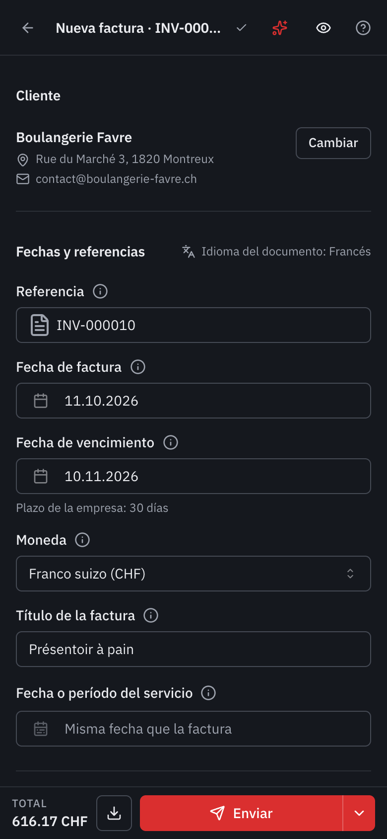 El editor en un teléfono: el cliente y las fechas en una columna, el ojo de la vista previa arriba y, abajo, el total, la descarga y el botón Enviar.