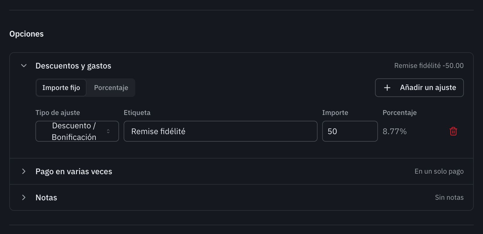 La parte Opciones: Descuentos y gastos abierta con un descuento Remise fidélité de 50, Pago en varias veces y Notas cerradas, con su resumen En un solo pago y Sin notas.