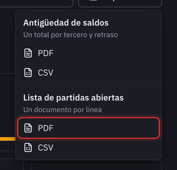 El menú Exportar: Antigüedad de saldos en PDF o CSV, Lista de partidas abiertas en PDF o CSV.