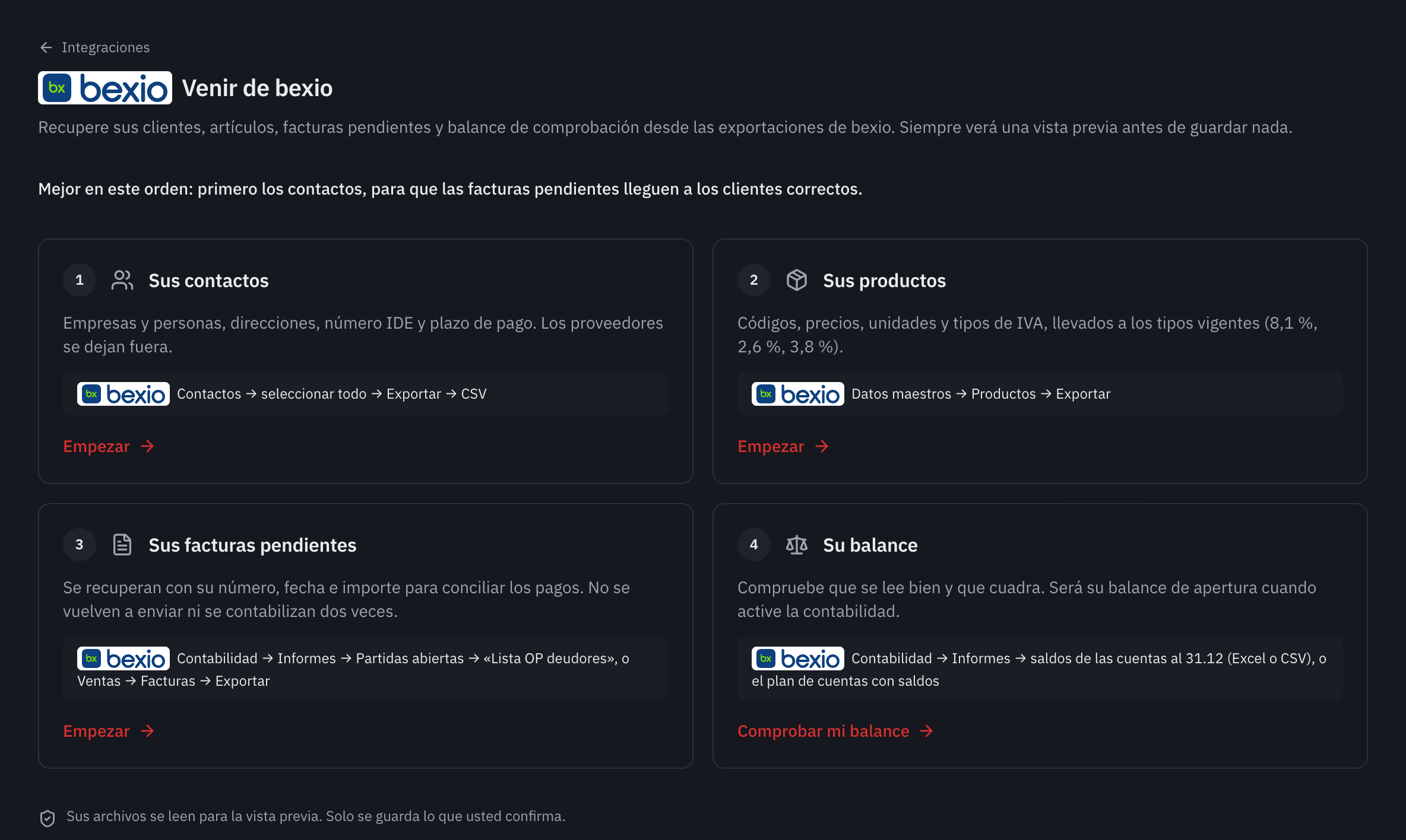 La página Venir de bexio con sus cuatro pasos: sus contactos, sus productos, sus facturas pendientes y su balance, cada uno con la ruta de la exportación en bexio.